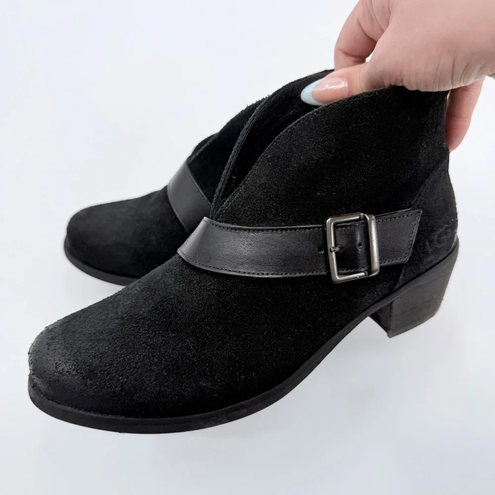 UGG Wright Belted Black Suede Ankle Booties 1014184